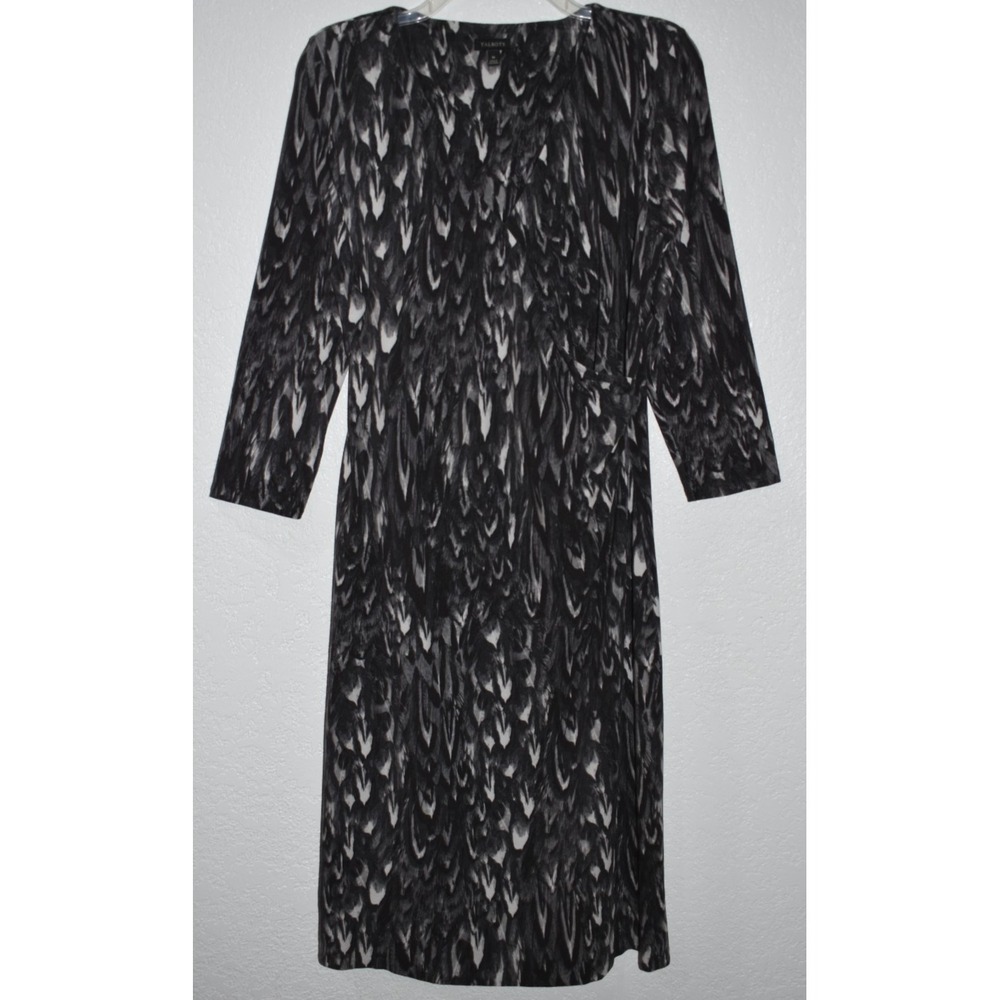 Talbots Faux Wrap Stretch Dress Gray Black Gray‎ Long Line Knit Sheath sz Medium